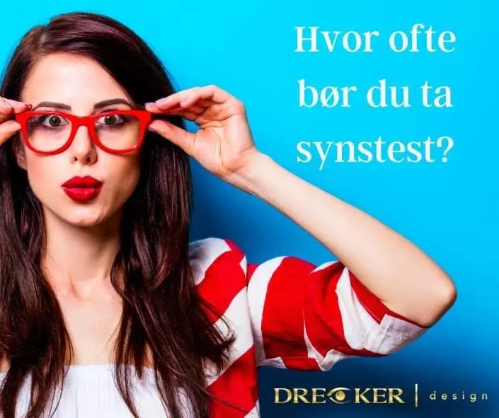 En dame som tar på seg briller med tekst "Hvor ofte bør du ta synstest?"